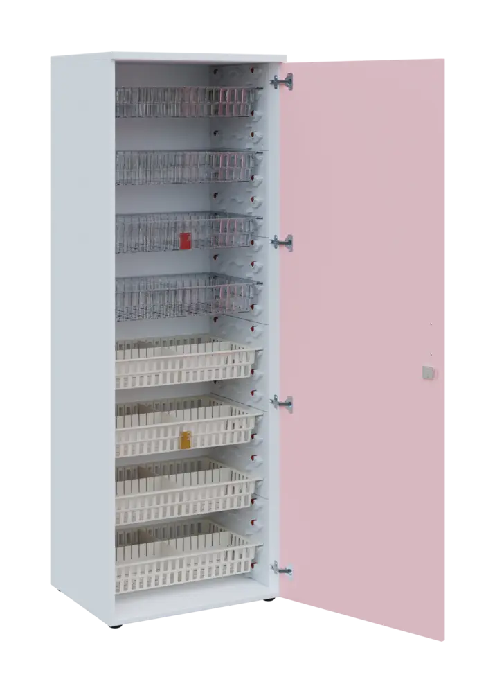 EUROMEDICA D - 66/M skříň léková boxová, 1-dveřová, pravá, 1950x660x535, korpus bílý, dvířka pastelově růžová